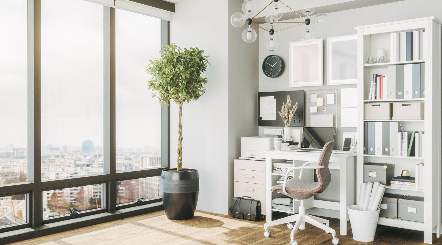 home office with large windows overlooking city 