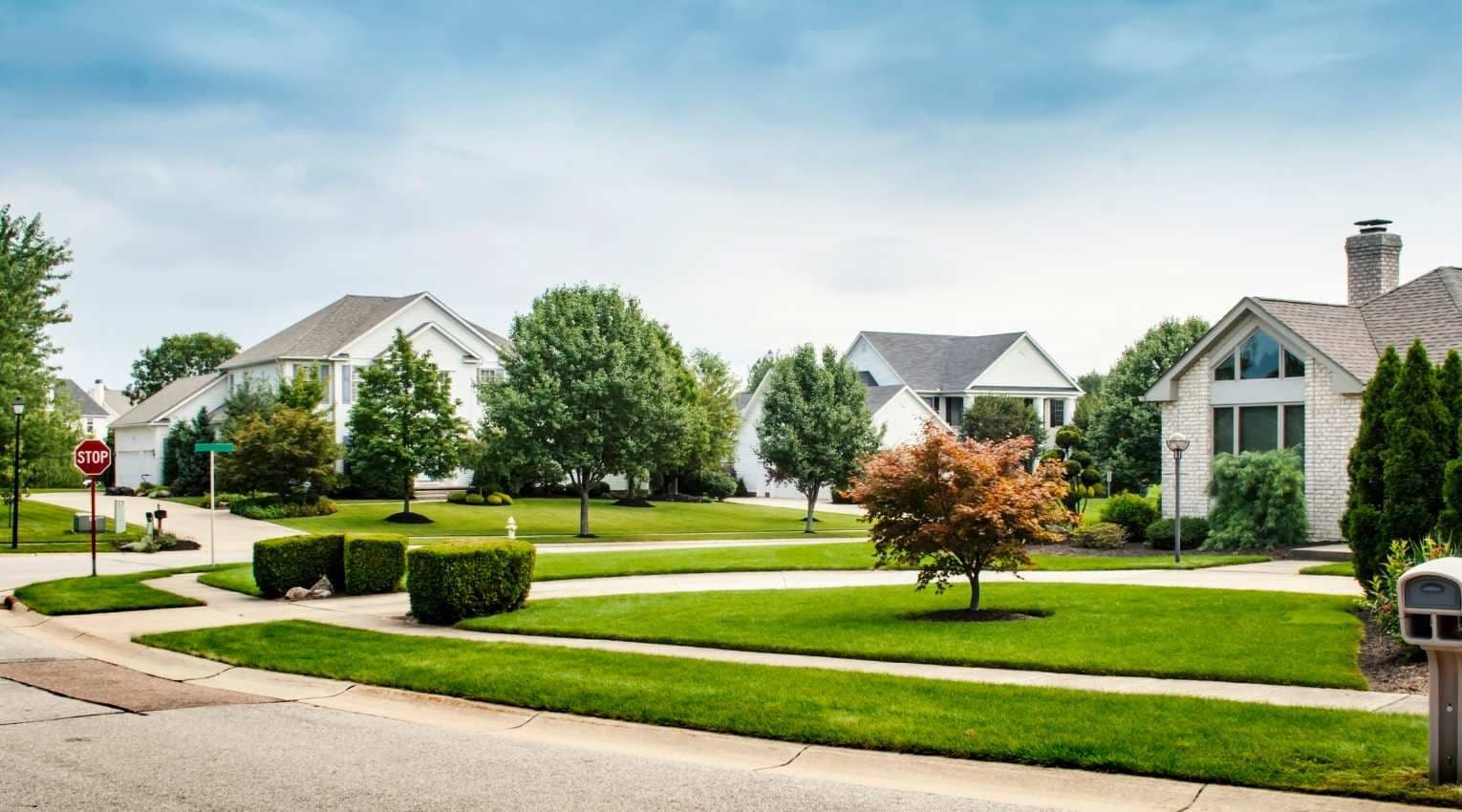 suburban neighborhood with white homes and green lawns