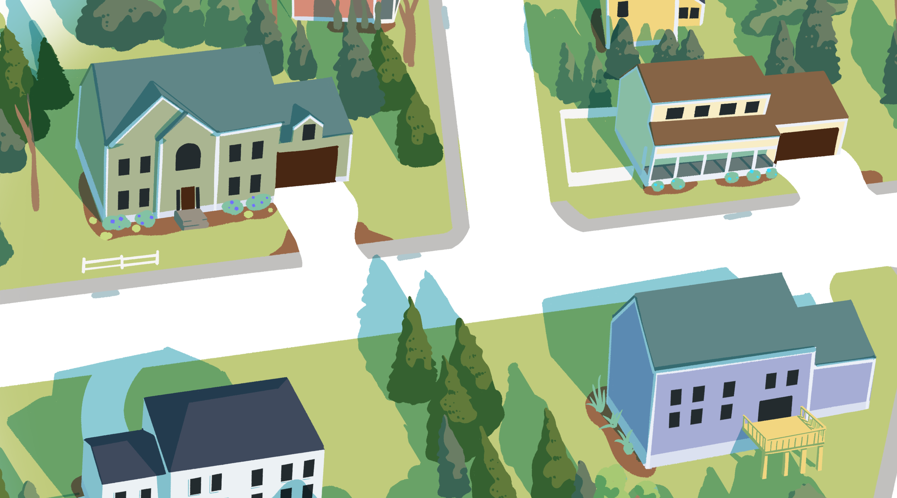 Illustration of homes in suburban neighborhood