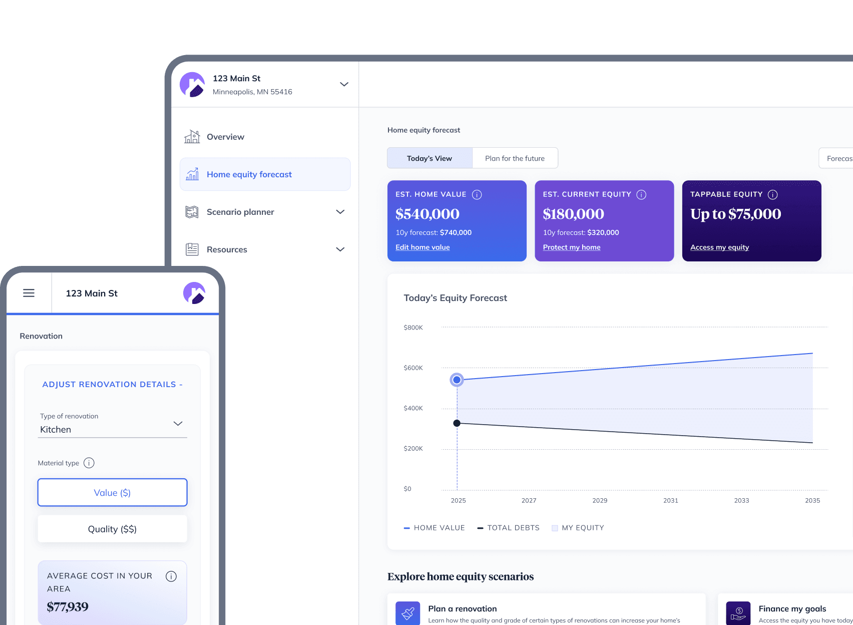 The Home Equity Dashboard has features such as an equity forecast and a financing calculator. It works on desktop and mobile.