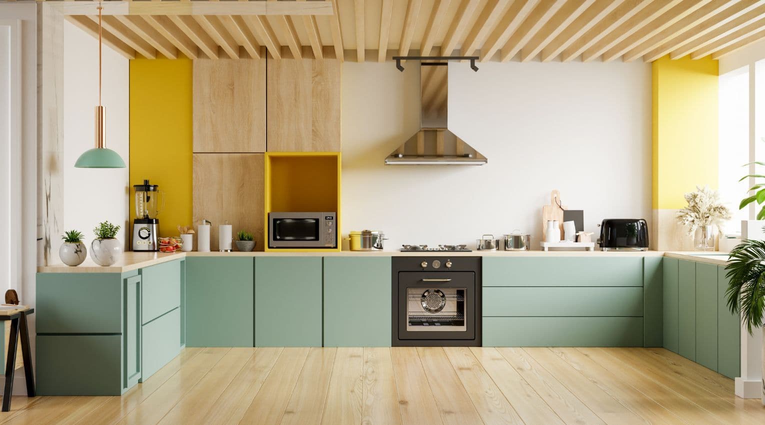 modern kitchen with green cabinets